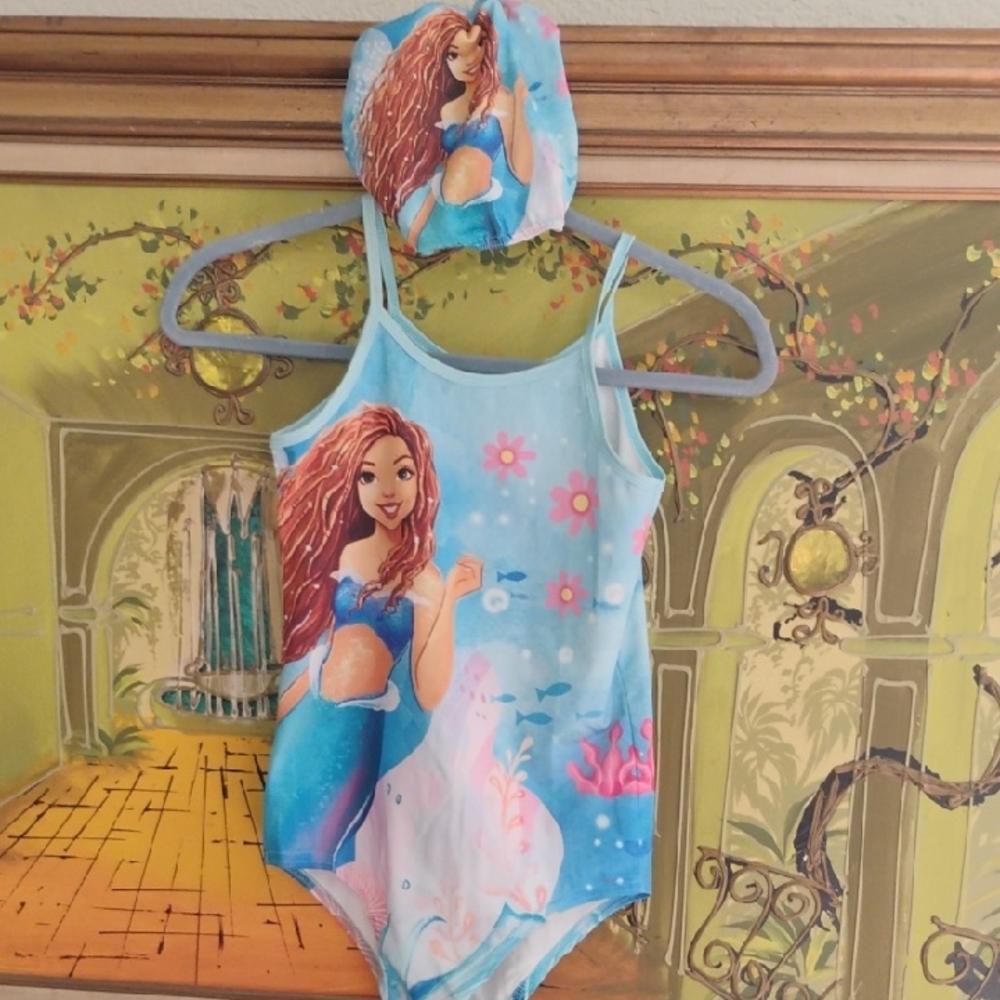 Girls Mermaid One-Piece Swimsuit with Swim Cap - Blue